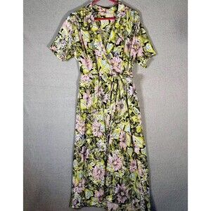 Vintage Wrap‎ Dress No Tag Short Sleeve Yellow Pink Floral Shimmer Shoulder Pads